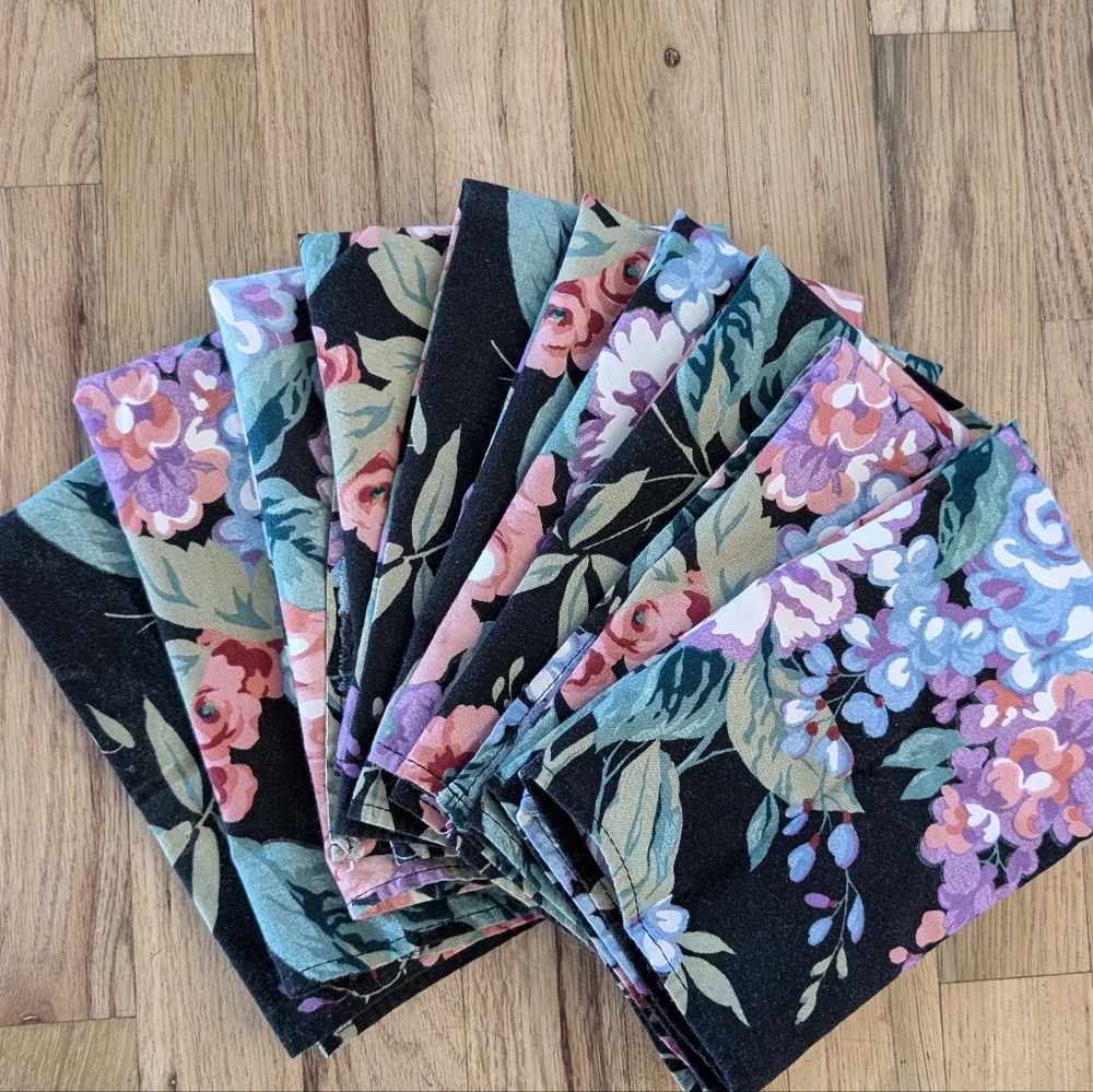 Vintage 90s Black Floral Napkins Set Of 10 Cottagecore Beautiful Flowers